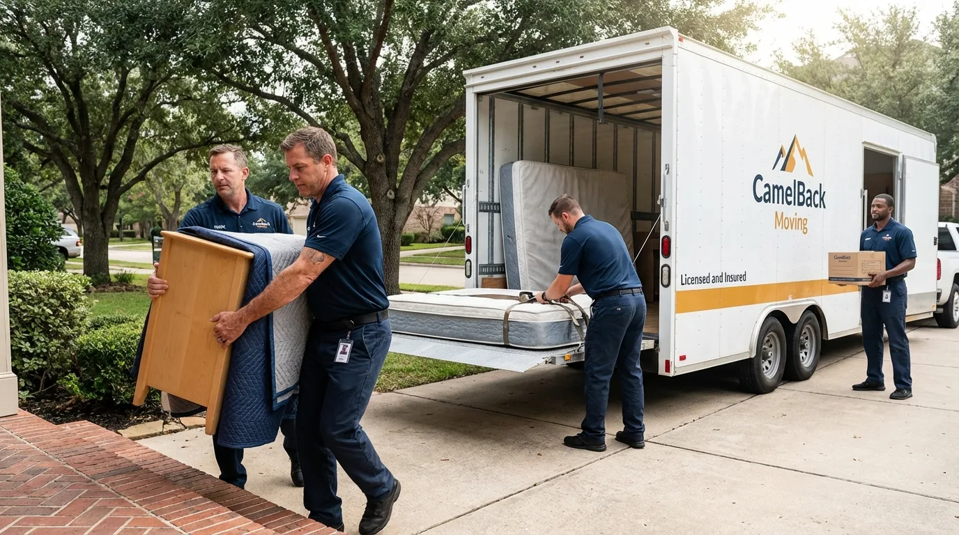 Crew loading residential truck for cross-state move from Encinitas, CA