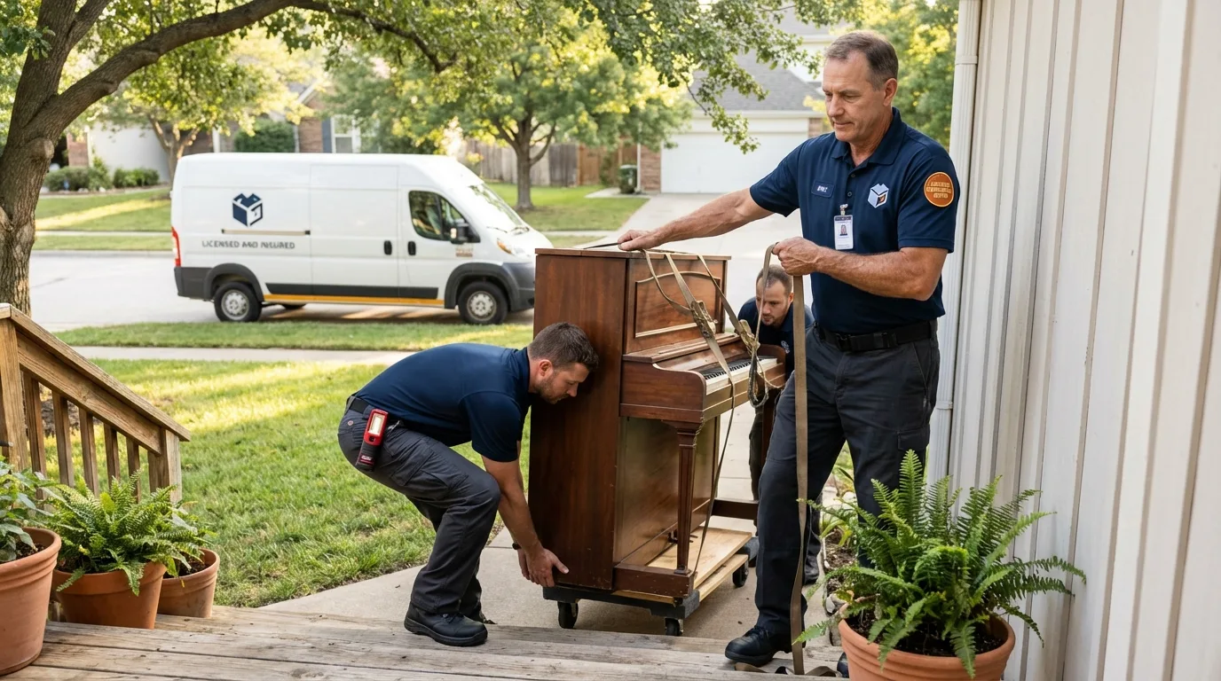 Licensed piano movers securing grand piano in Encinitas, CA
