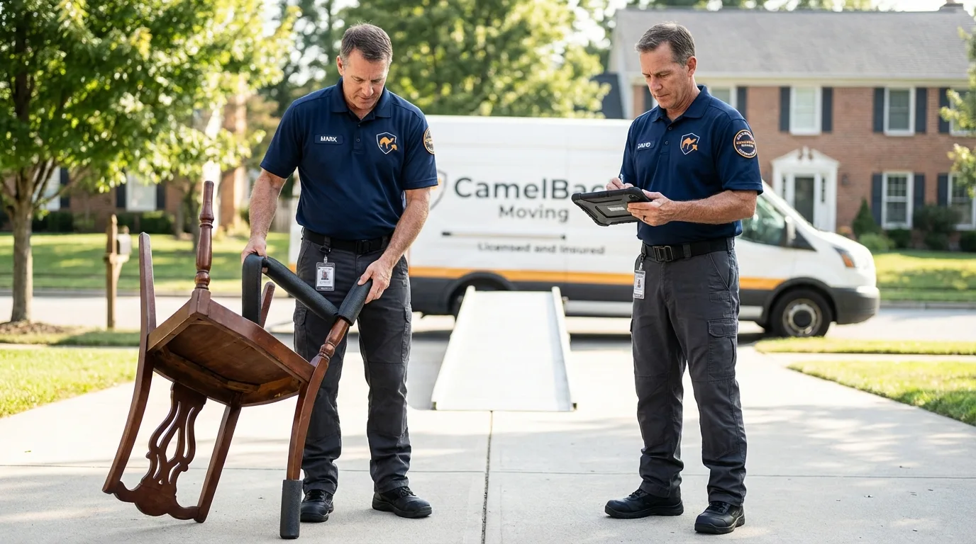 Movers inspecting furniture for damage prevention before loading in Encinitas, CA