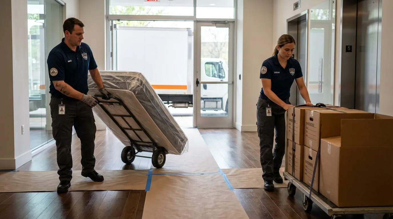 Professional apartment movers loading elevator in Encinitas, CA