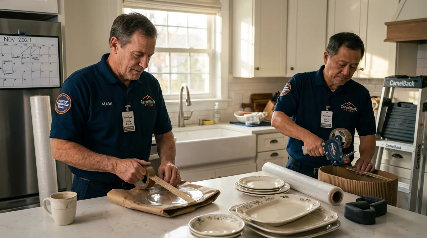 Professional crew packing kitchen dishware in Encinitas, CA